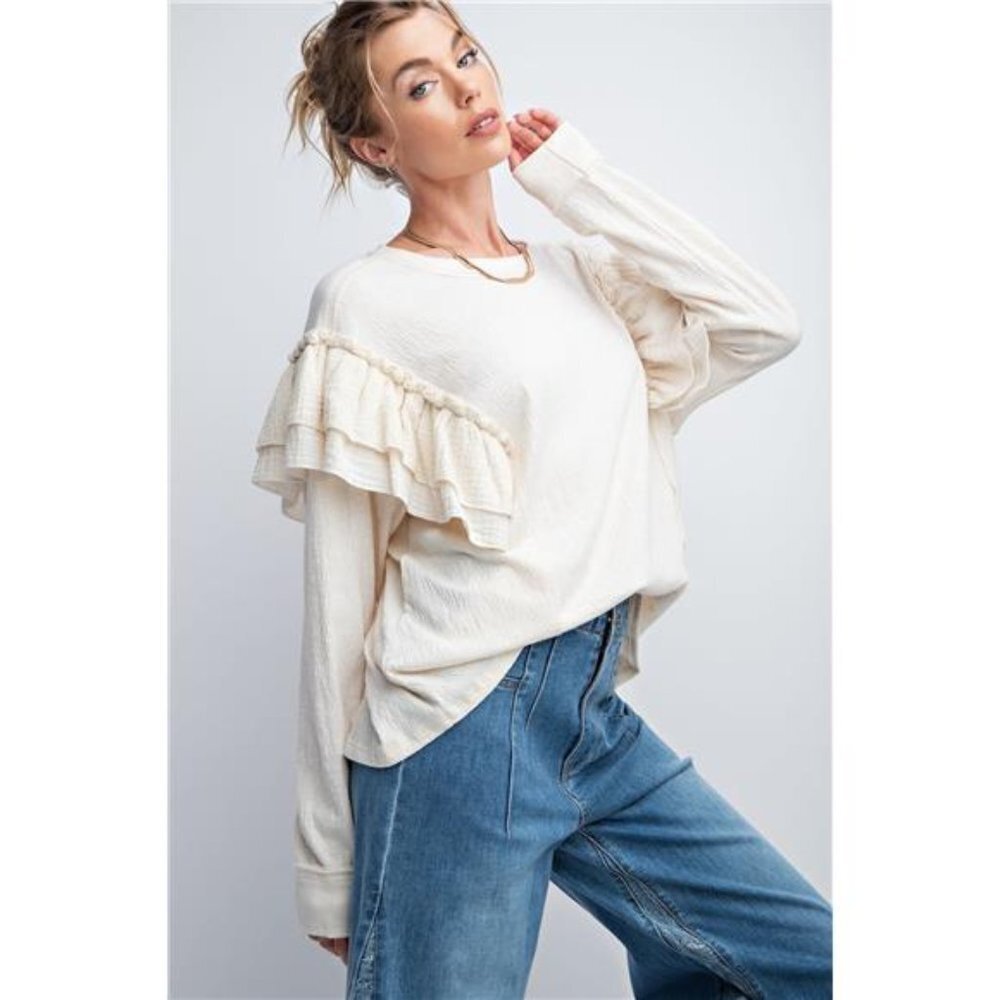 Cream Double Ruffle Long Sleeve Top With Round Neckline For Women